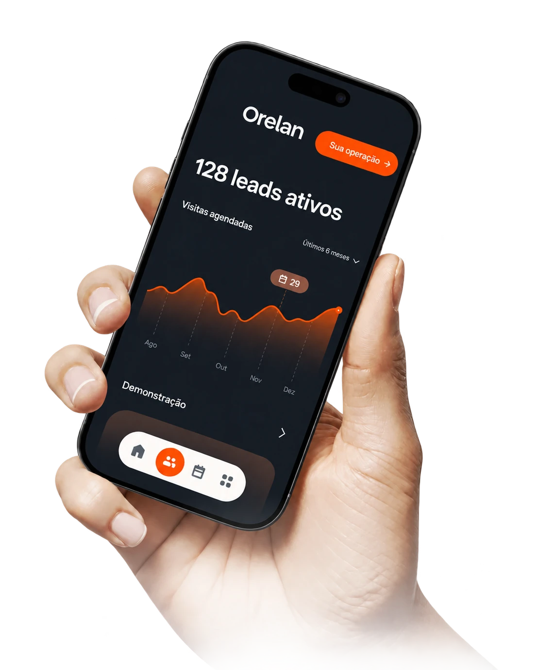 Celular Orelan com painel de potenciais clientes ativos e visitas agendadas.